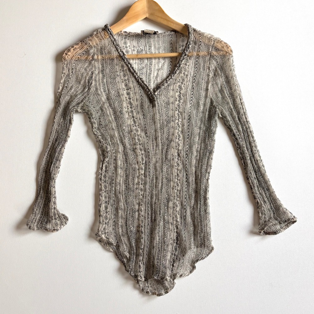 Lucky Brand Womens Sheer Tribal Print Long Sleeve Top Grey White Boho V-Neck S